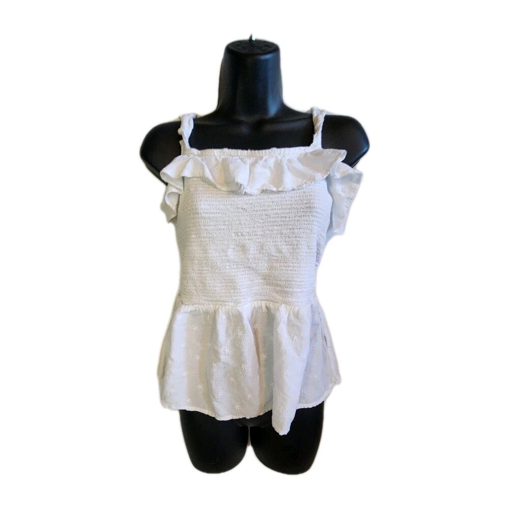 Old Navy Y2K White Dmocked Crop Top L Flower ruffled Baby Doll Cottagecore Boho